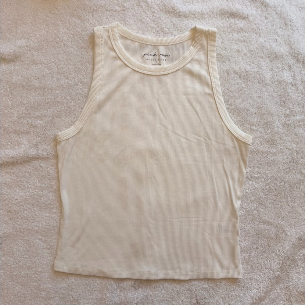 Pink Rose Ribbed White Top